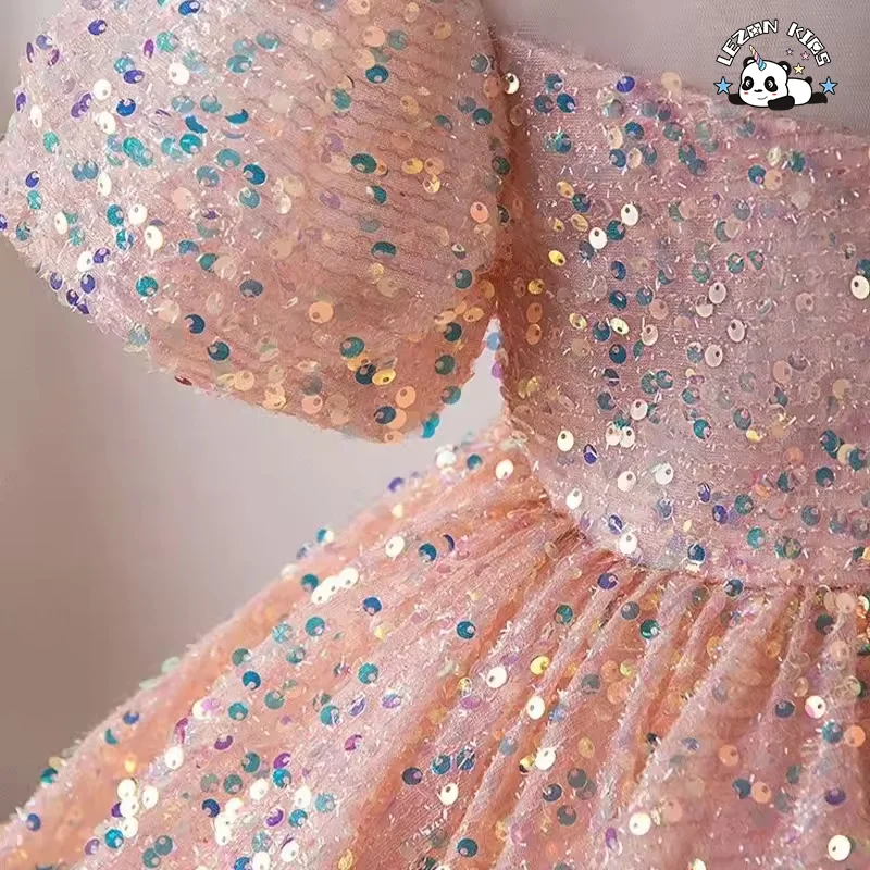 LEZONKIDS - Novo Vestido de Princesa de Aniversário com Lantejoulas, Vestido de Primeiro Ano, Vestido de Desempenho, Vestido de Menina, Vestido de Florista de Casamento com Manga Bolha